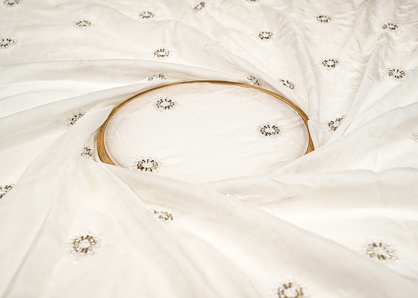 White Opulent Organza Fabric with All-Over Buti of Kutdana, Pearl, and Bead Work