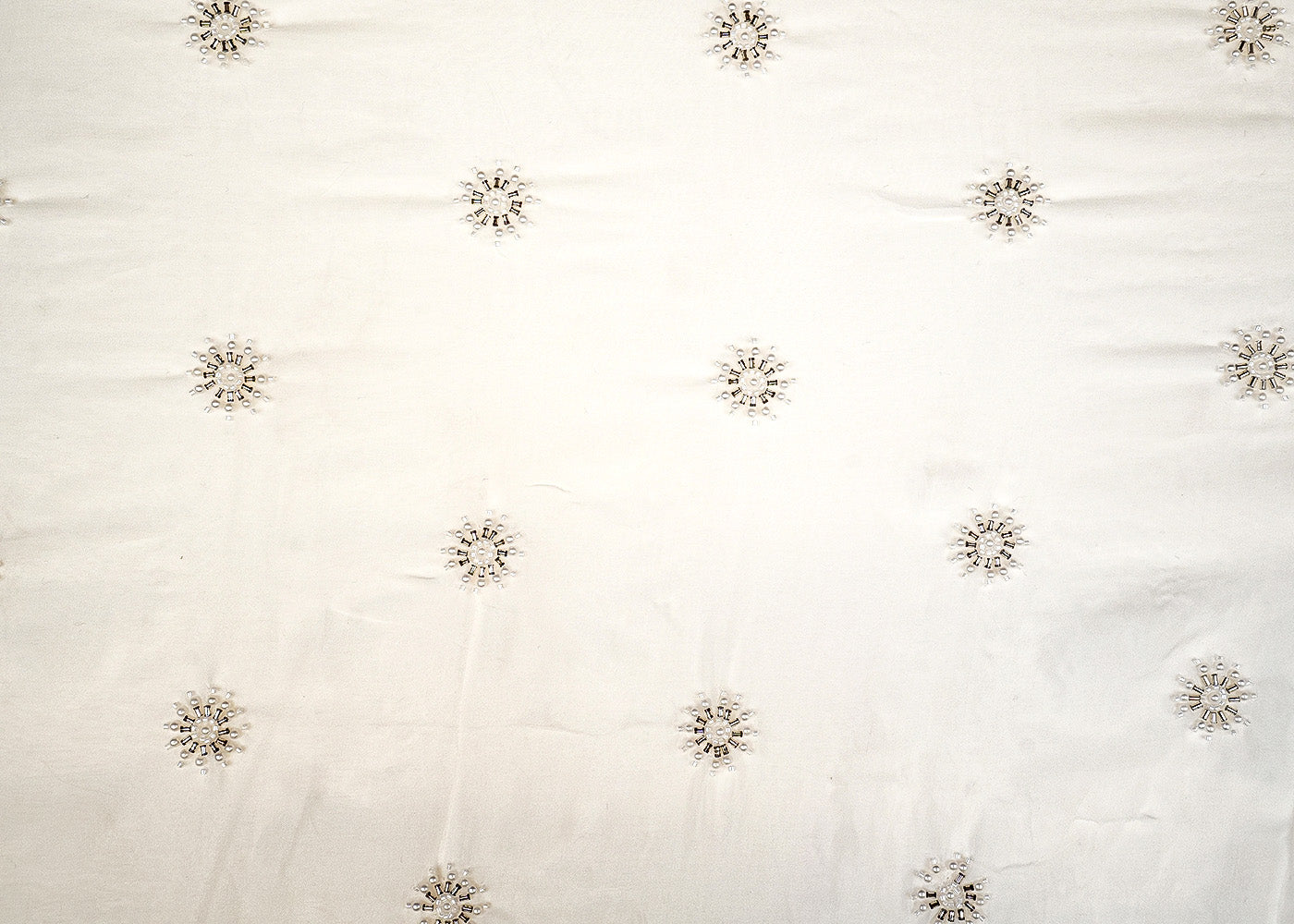 White Opulent Organza Fabric with All-Over Buti of Kutdana, Pearl, and Bead Work