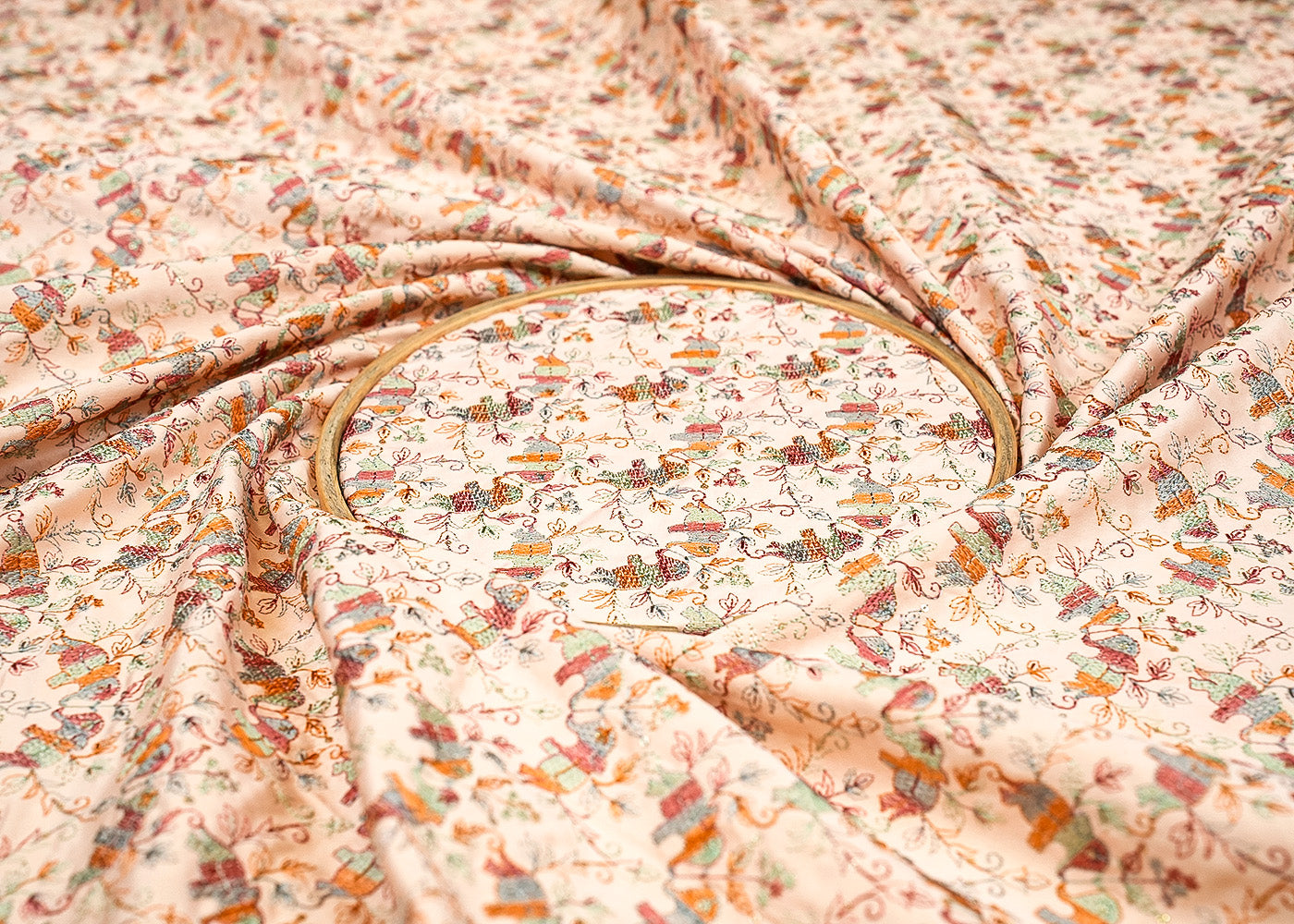 Peach Elephant Majesty Silk Dupion Fabric with Thread and Sequins Work