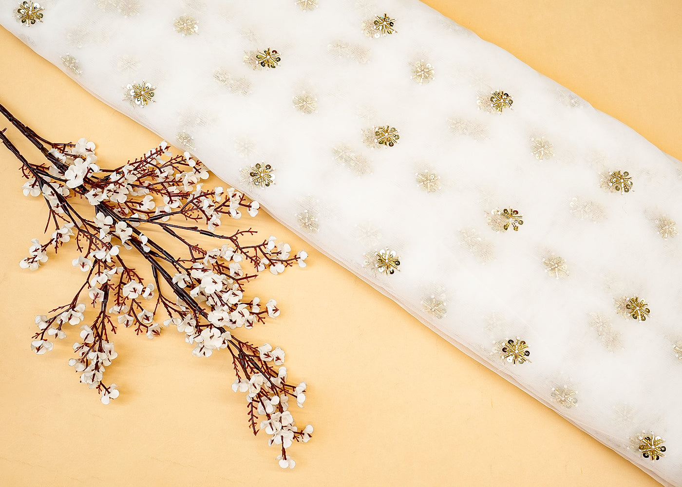 Golden Radiance Net Fabric with All-Over Buti Work of Pearls, Beads, Sequins, and Kutdana