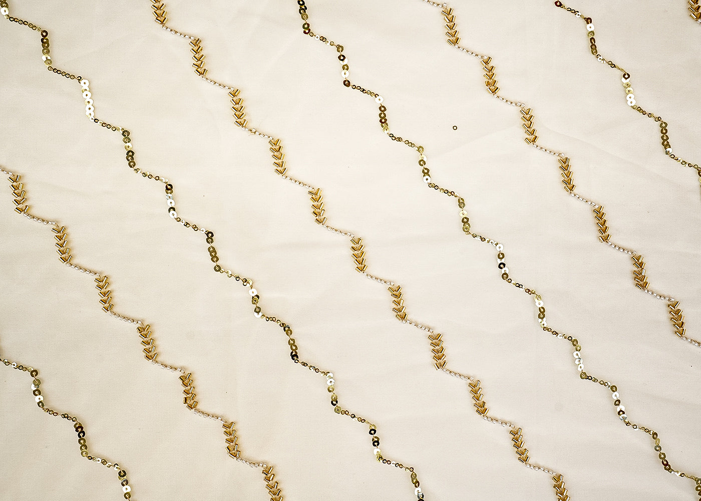 Golden Zig-Zag Net Fabric with All-Over Pattern of Sequins, Beads, and Kutdana Work