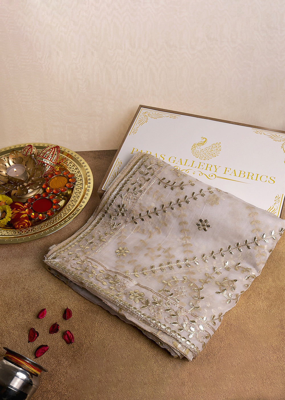 White Dyeable Organza Dupatta With All Over Zari And Gota Patti Work 11928