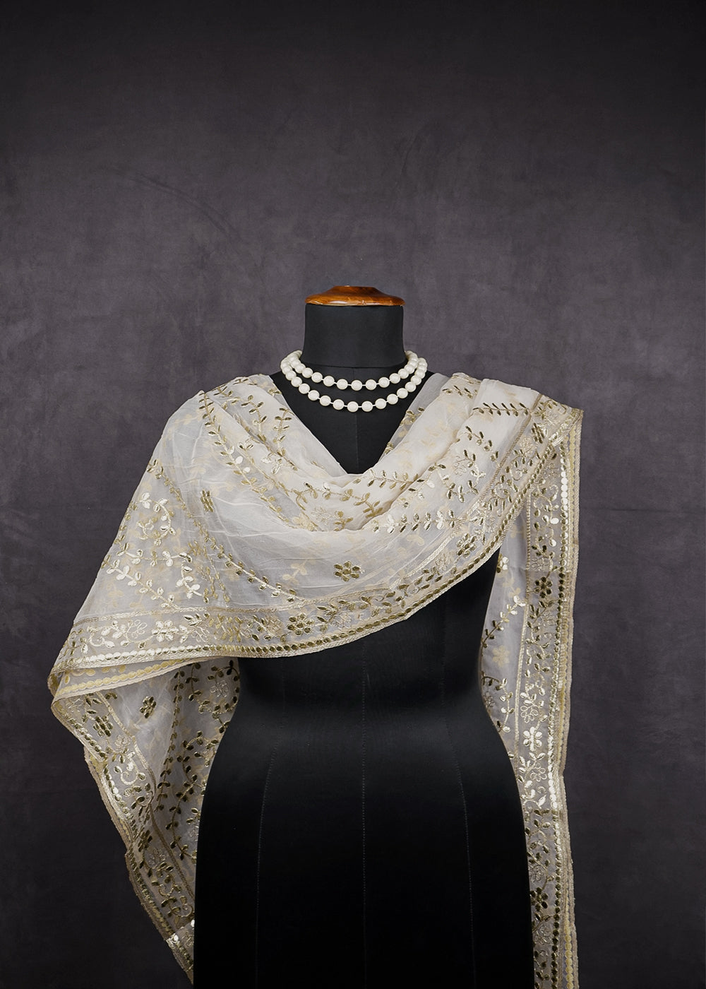 White Dyeable Organza Dupatta With All Over Zari And Gota Patti Work 11928