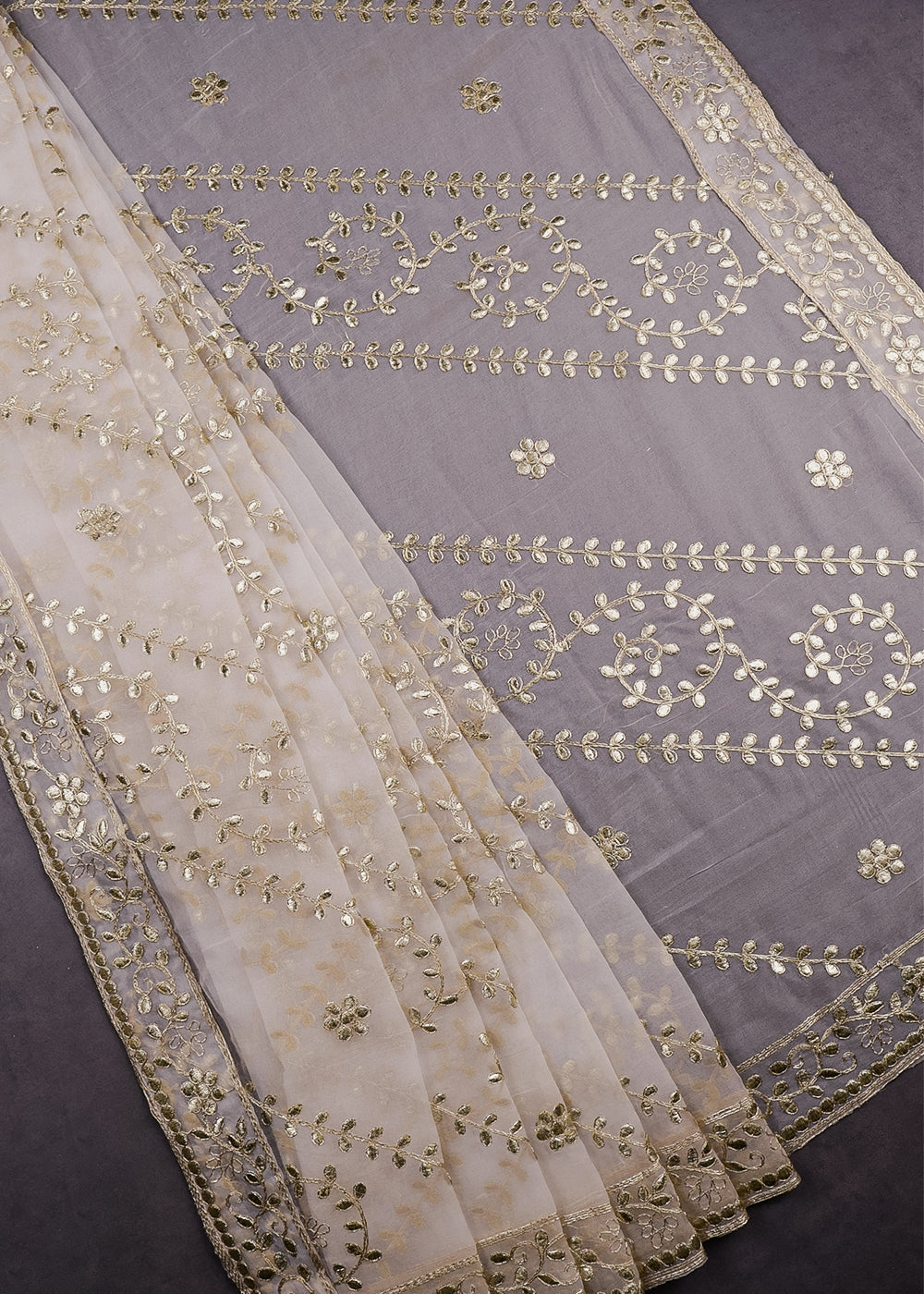 White Dyeable Organza Dupatta With All Over Zari And Gota Patti Work 11928