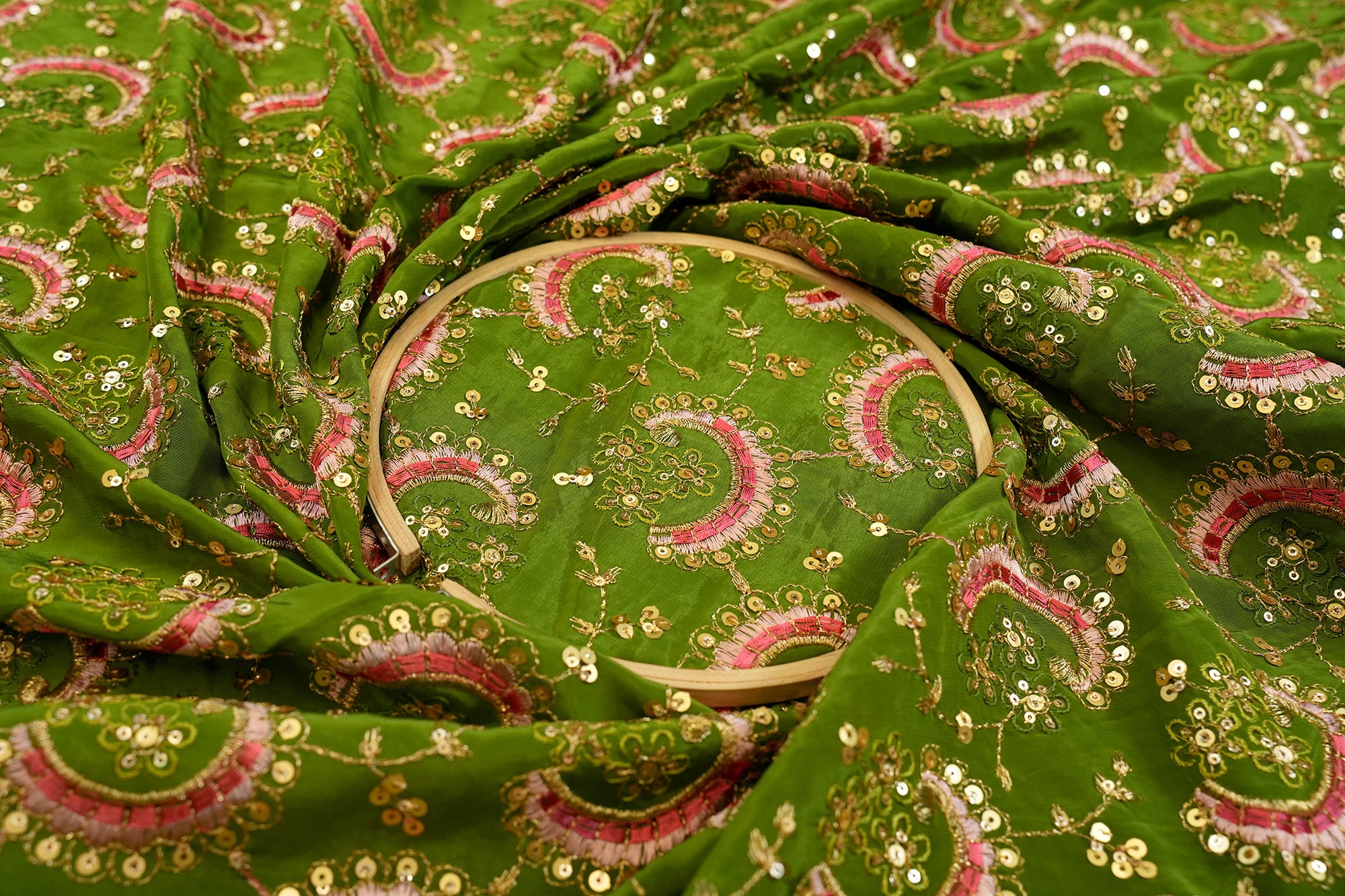 Olive Georgette with Multicolor Threads, Golden Sequins, and Floral Zari Work