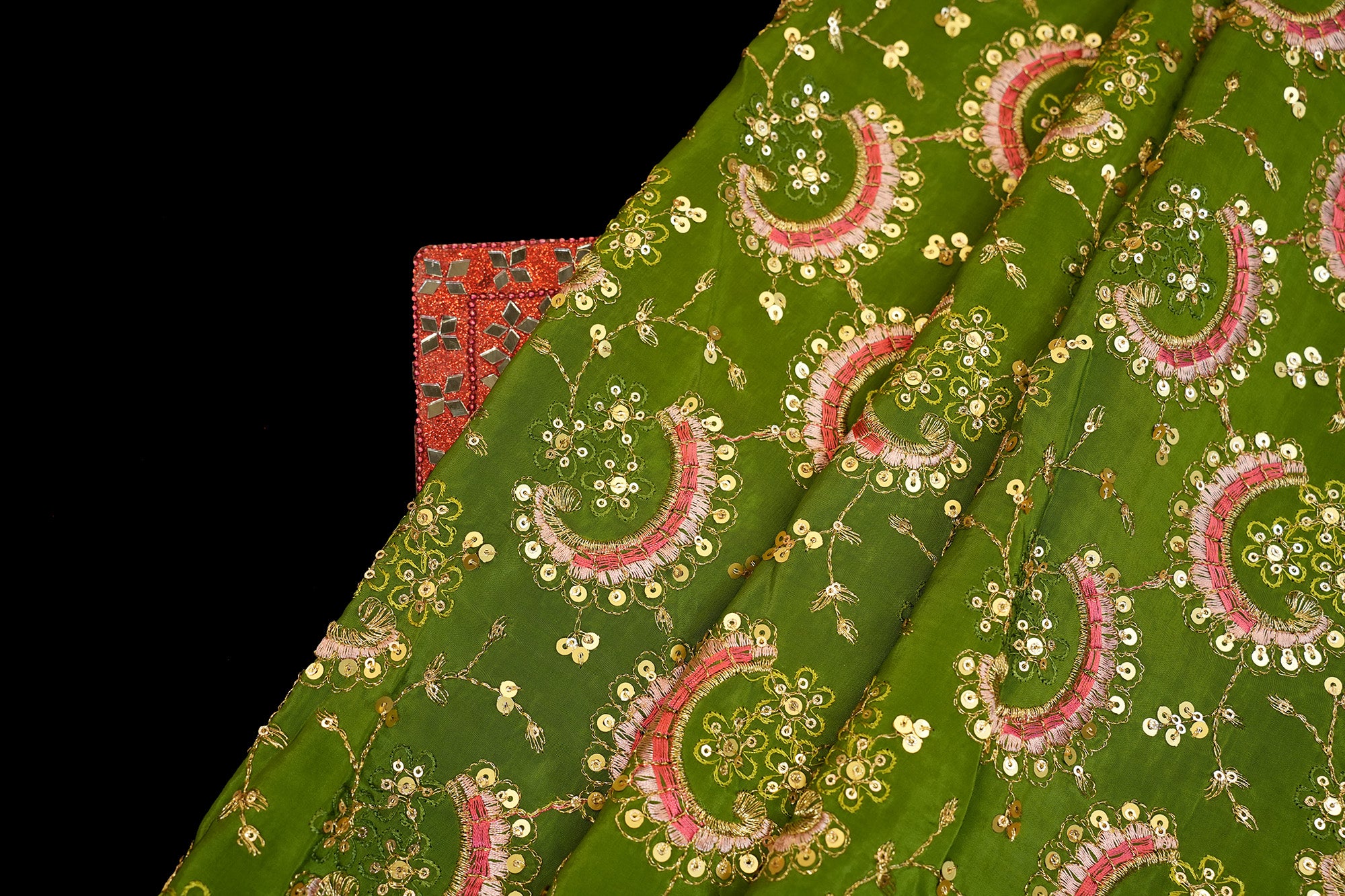 Luxurious olive crepe fabric with golden sequins, multicolor threads, and intricate floral zari work - Paras Gallery Fabrics