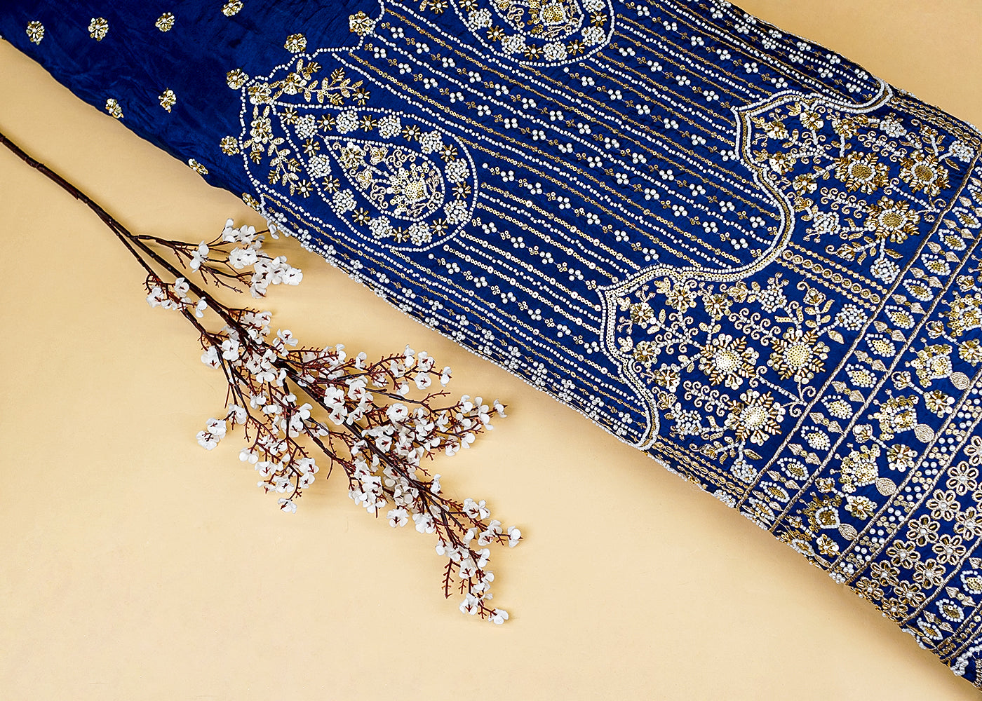 Royal Blue Crepe Fabric with All-Over Buti and Border of Sequins, Kutdana, Pearl, and Zari Work