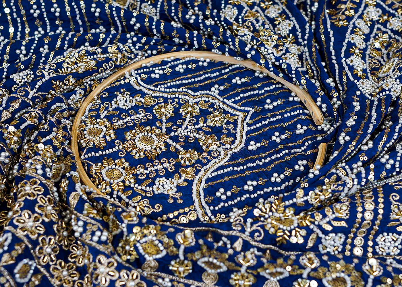 Royal Blue Crepe Fabric with All-Over Buti and Border of Sequins, Kutdana, Pearl, and Zari Work