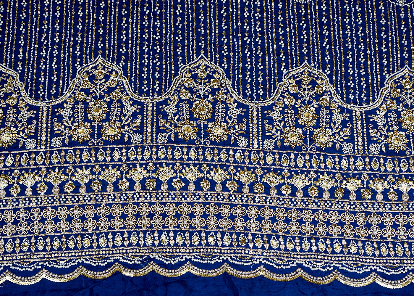 Royal Blue Crepe Fabric with All-Over Buti and Border of Sequins, Kutdana, Pearl, and Zari Work