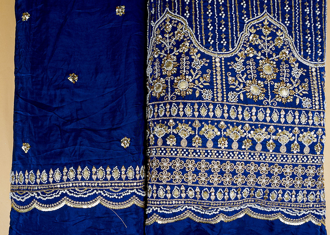 Royal Blue Crepe Fabric with All-Over Buti and Border of Sequins, Kutdana, Pearl, and Zari Work