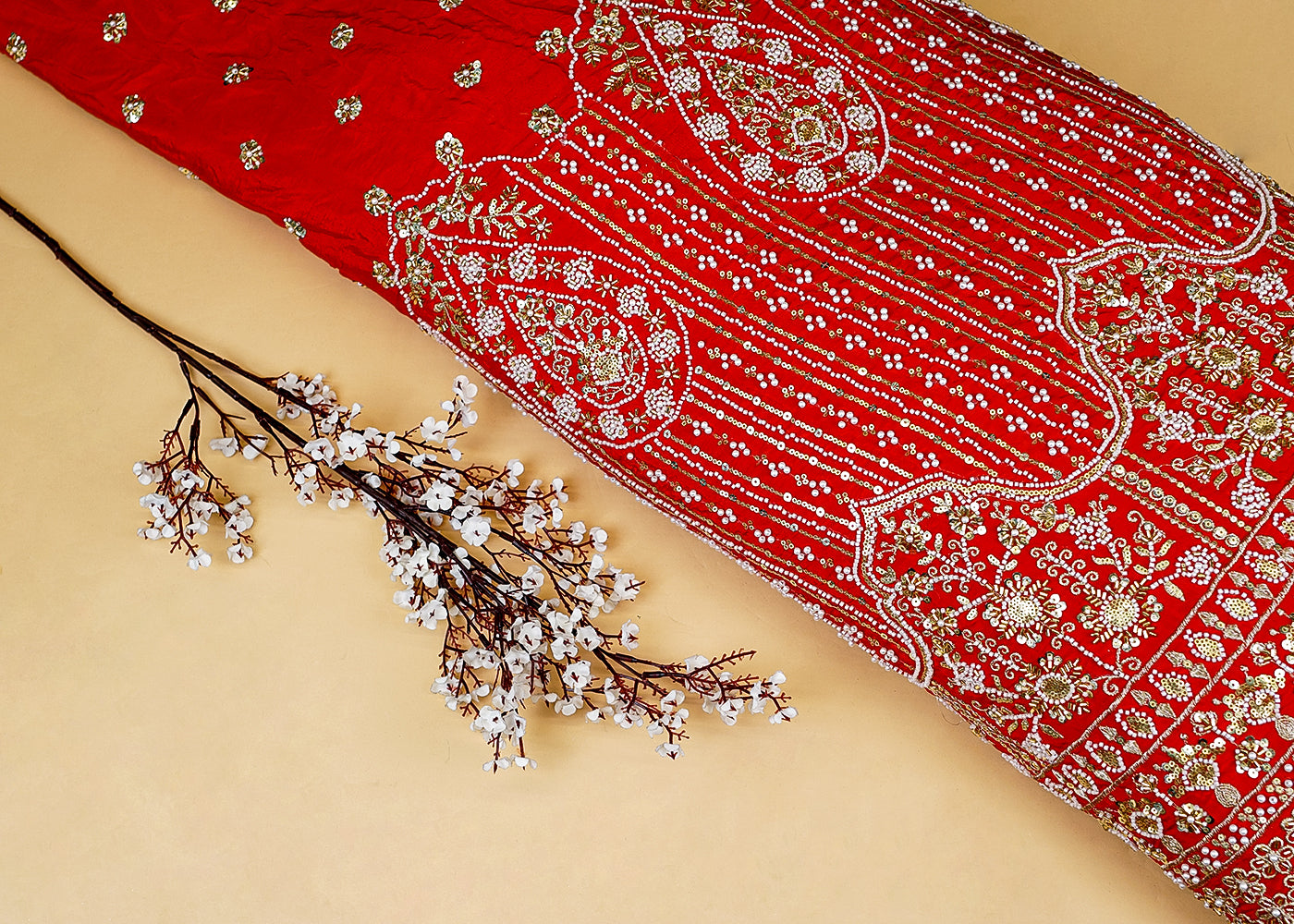 Red Crepe Fabric with All-Over Buti and Border of Sequins, Kutdana, Pearl, and Zari Work