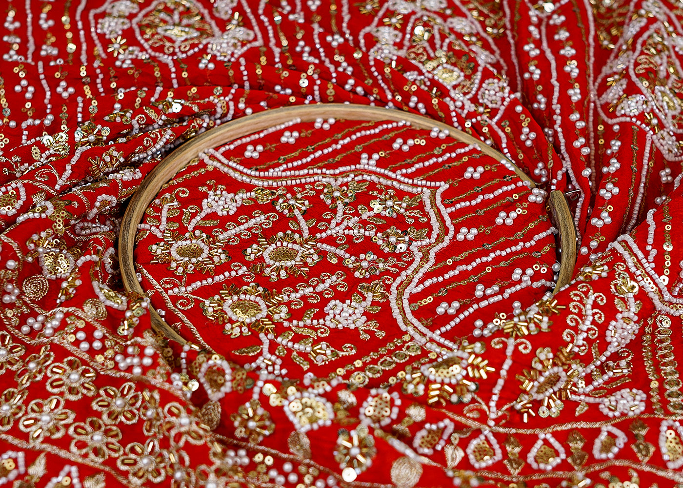 Red Crepe Fabric with All-Over Buti and Border of Sequins, Kutdana, Pearl, and Zari Work