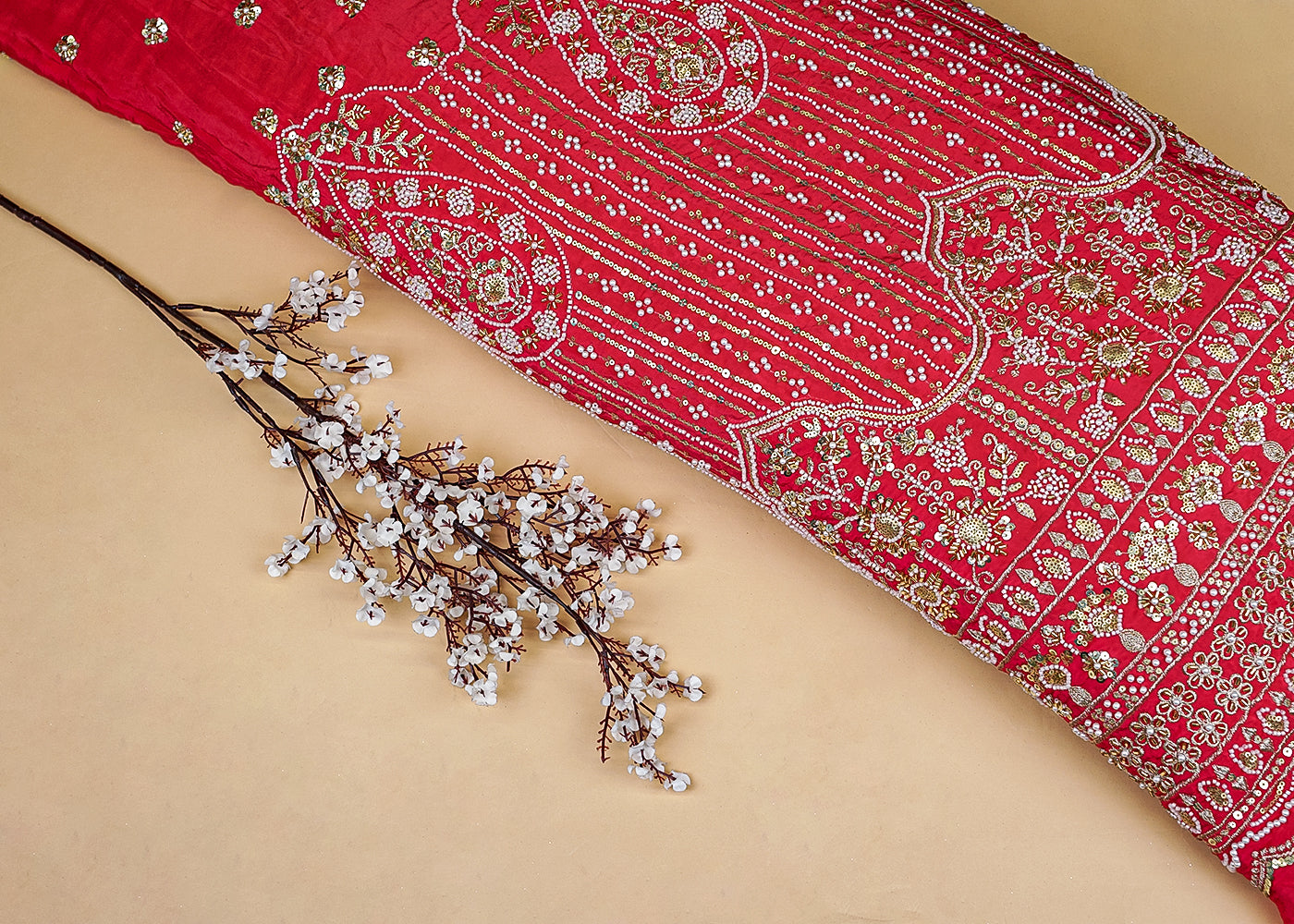 Pink Crepe Fabric with All-Over Buti and Border of Sequins, Kutdana, Pearl, and Zari Work