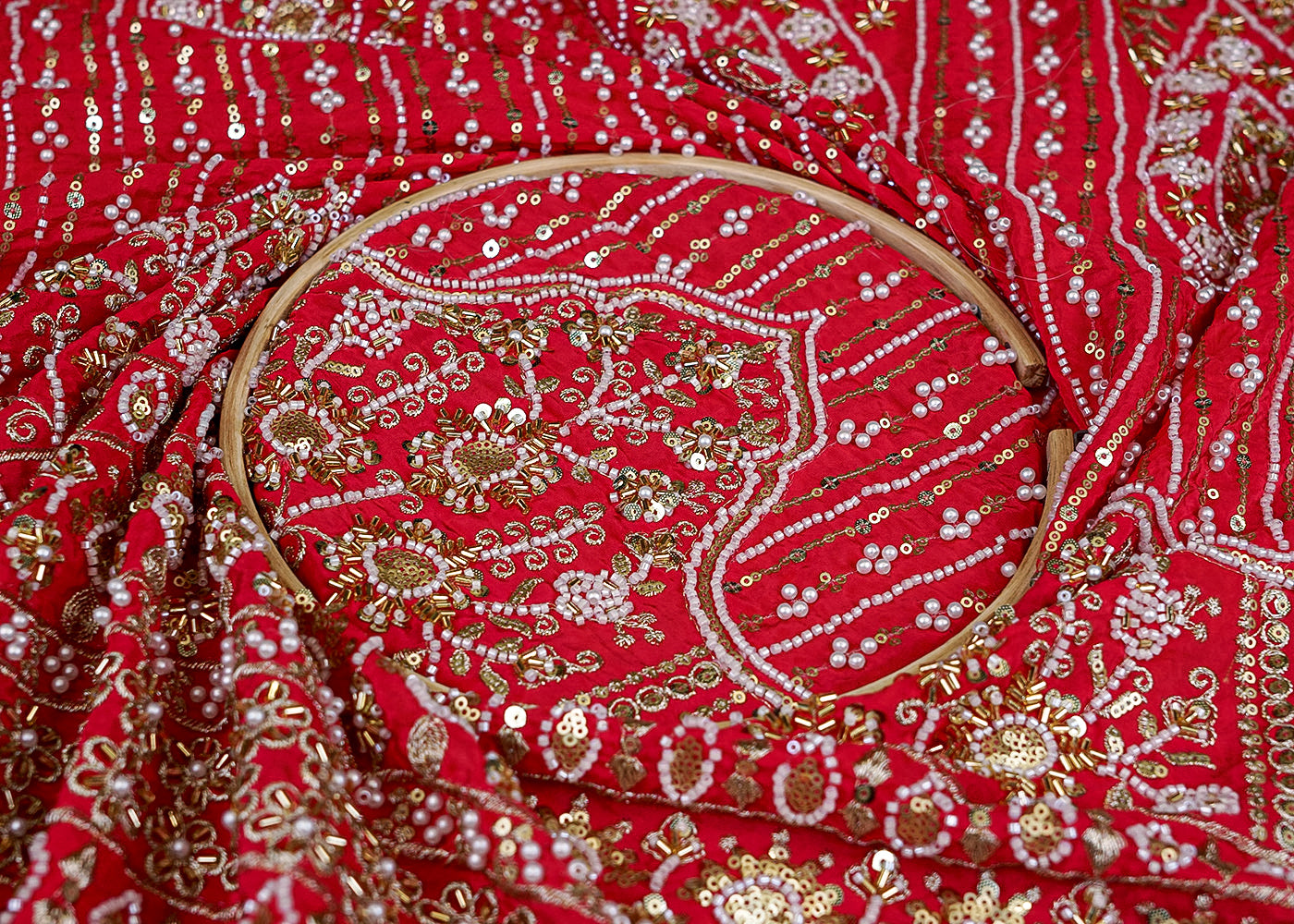 Pink Crepe Fabric with All-Over Buti and Border of Sequins, Kutdana, Pearl, and Zari Work