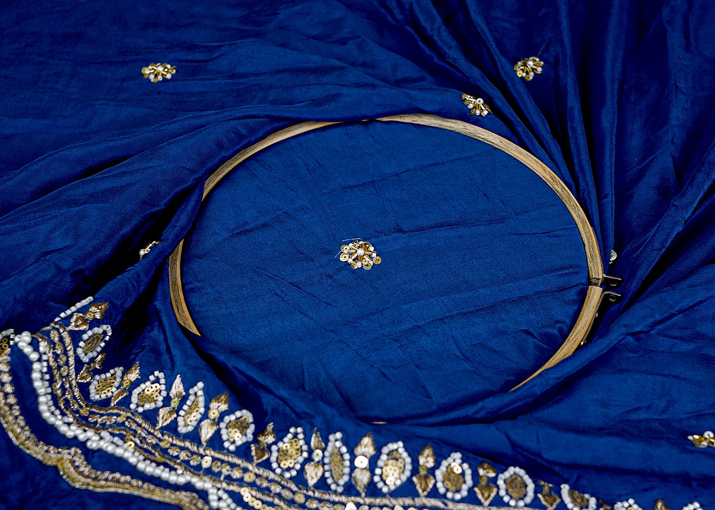 Royal Blue Crepe Dupatta Fabric with All-Over Buti and Border of Sequins, Kutdana, Pearl, and Zari Work