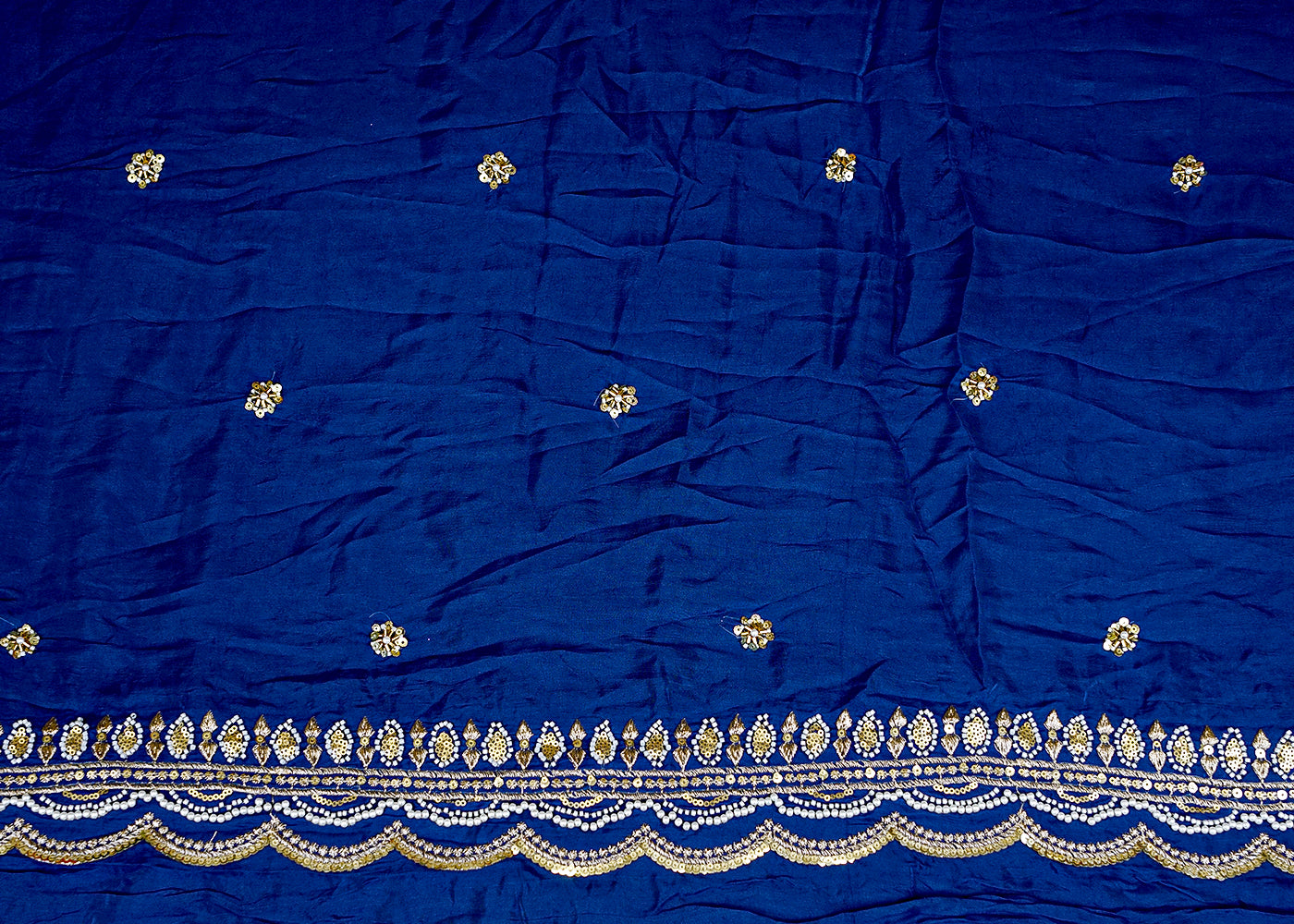 Royal Blue Crepe Dupatta Fabric with All-Over Buti and Border of Sequins, Kutdana, Pearl, and Zari Work