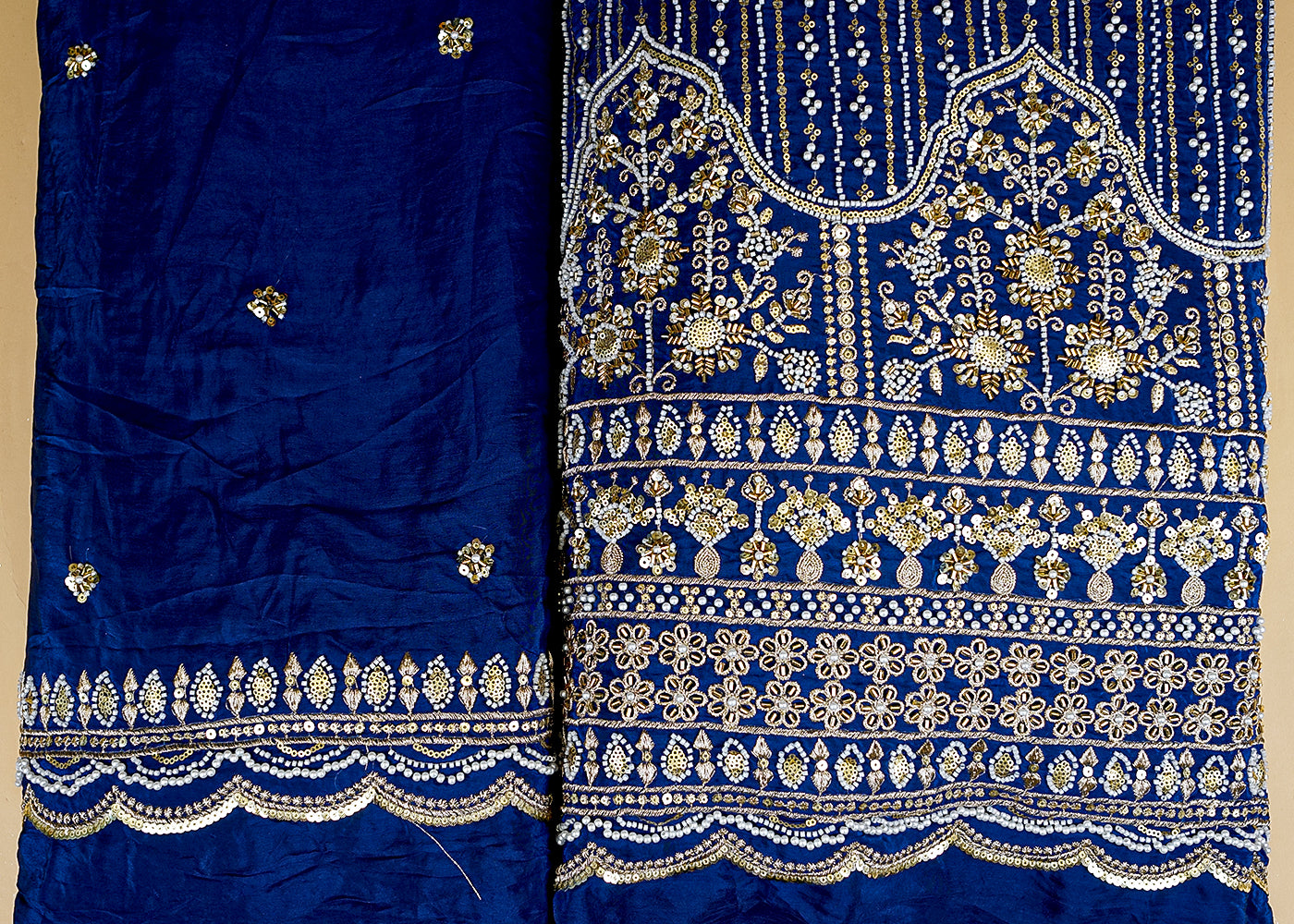 Royal Blue Crepe Dupatta Fabric with All-Over Buti and Border of Sequins, Kutdana, Pearl, and Zari Work