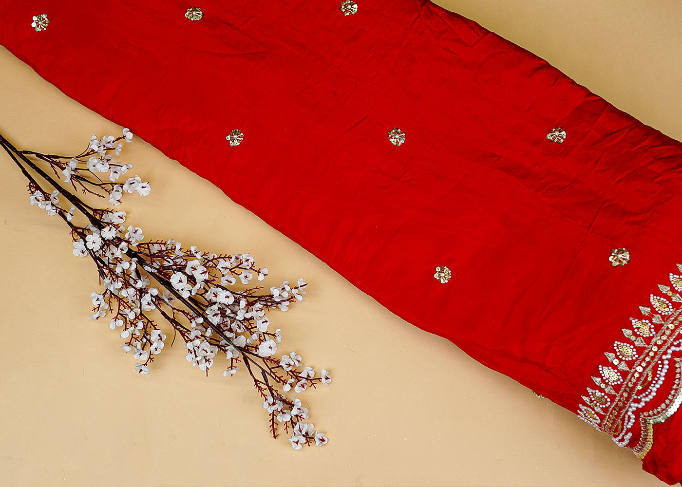 Red Crepe Dupatta Fabric with All-Over Buti and Border of Sequins, Kutdana, Pearl, and Zari Work