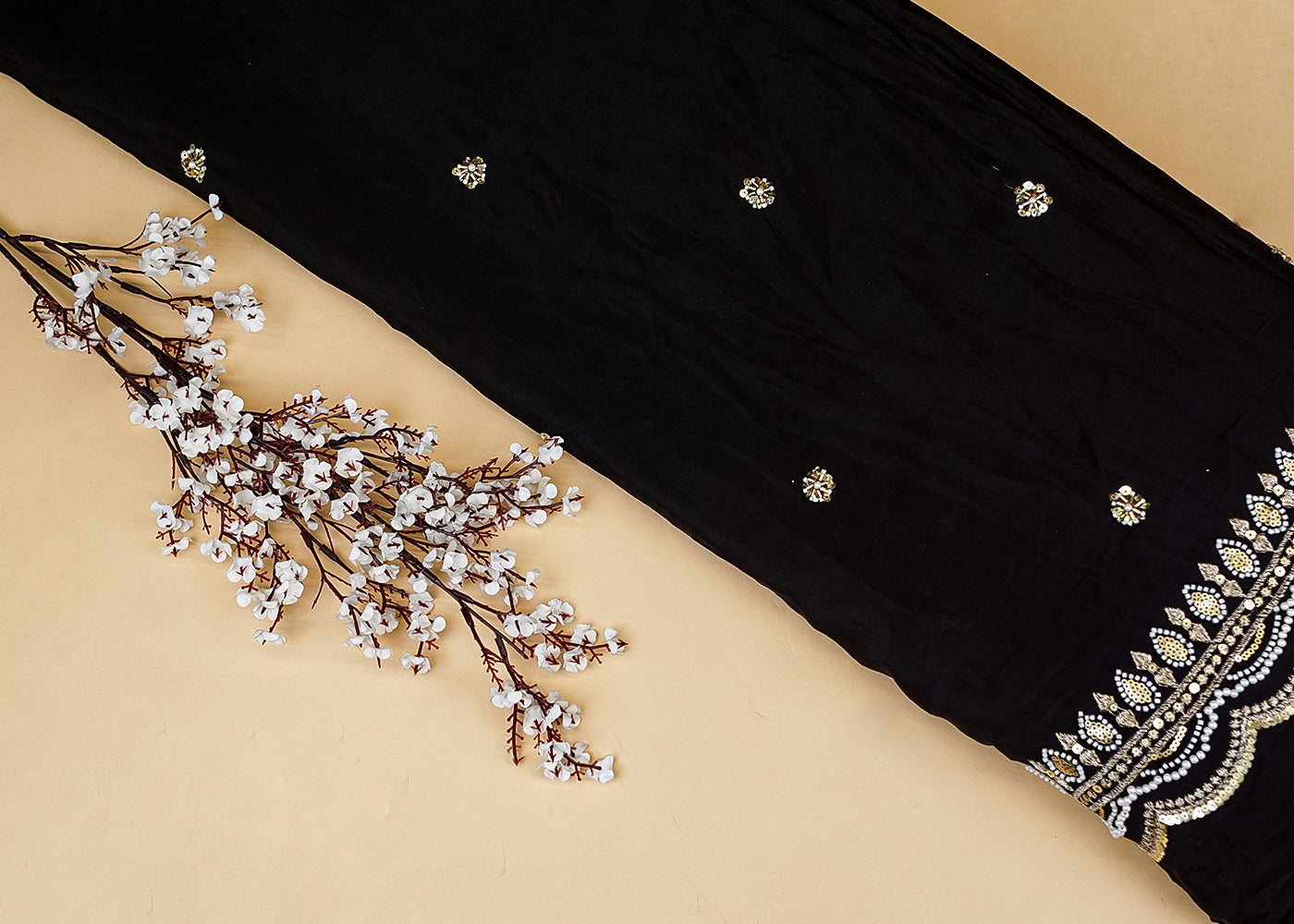 Black Crepe Dupatta Fabric with All-Over Buti and Border of Sequins, Kutdana, Pearl, and Zari Work