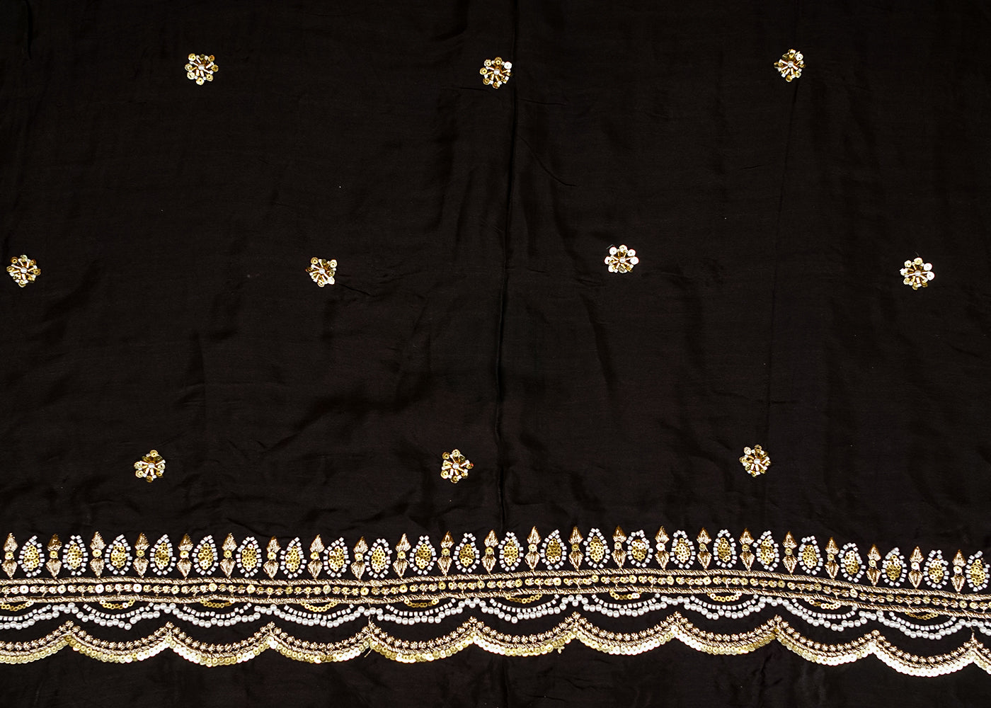 Black Crepe Dupatta Fabric with All-Over Buti and Border of Sequins, Kutdana, Pearl, and Zari Work