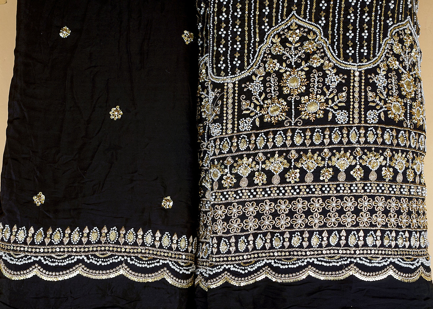 Black Crepe Dupatta Fabric with All-Over Buti and Border of Sequins, Kutdana, Pearl, and Zari Work