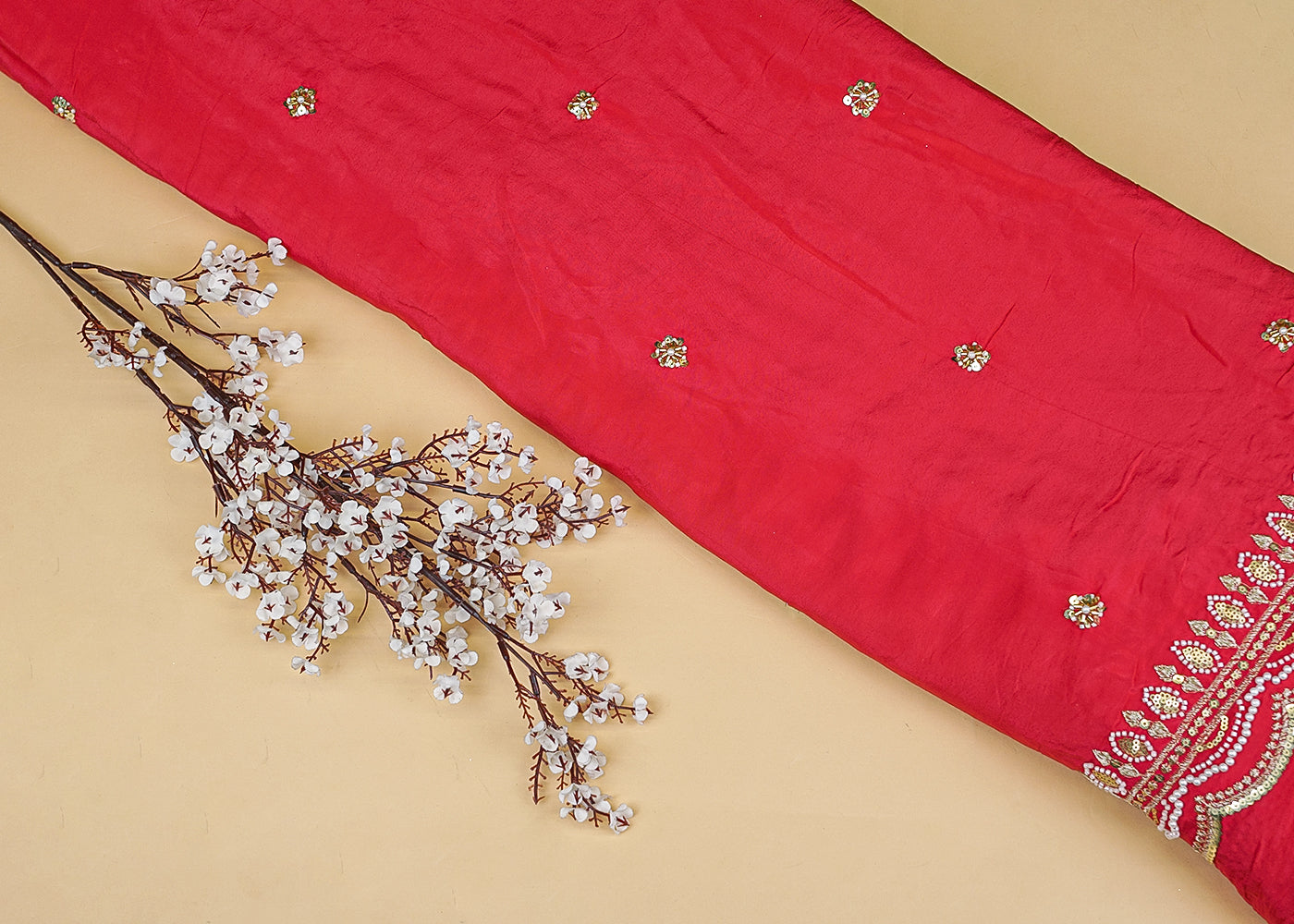 Pink Crepe Dupatta Fabric with All-Over Buti and Border of Sequins, Kutdana, Pearl, and Zari Work