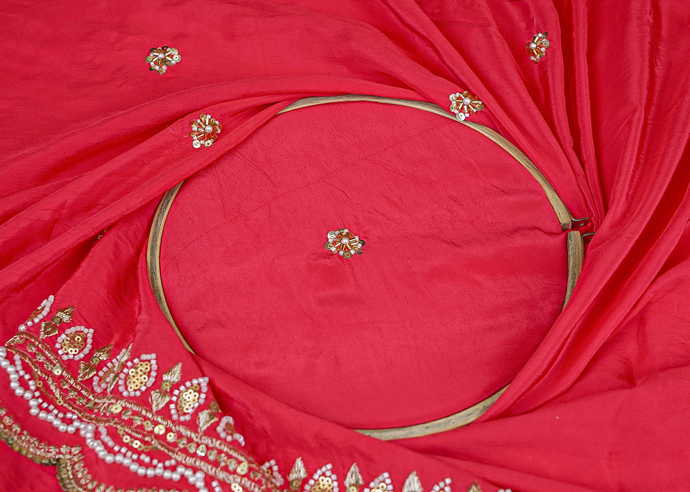 Pink Crepe Dupatta Fabric with All-Over Buti and Border of Sequins, Kutdana, Pearl, and Zari Work