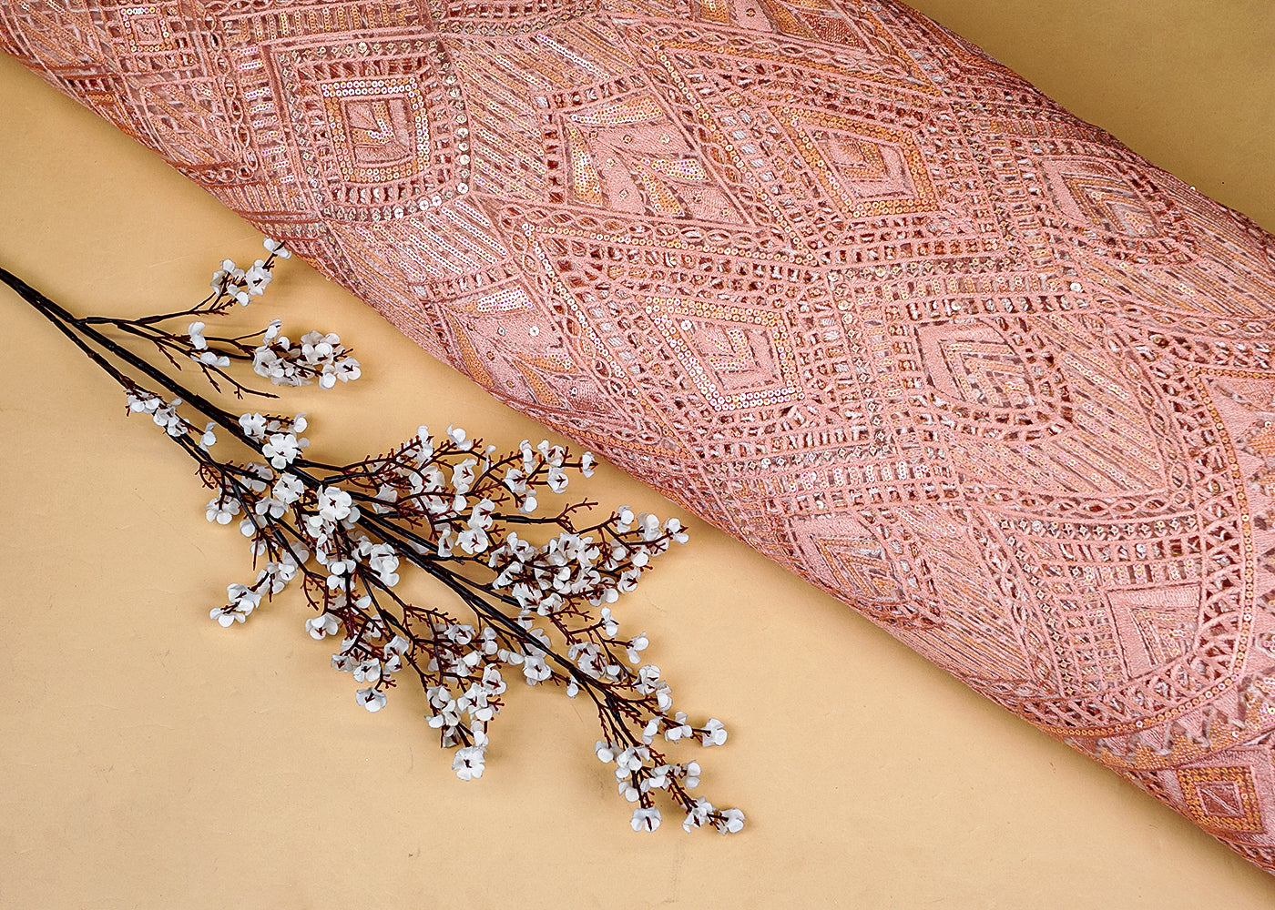 Peach Exquisite Imported Net Fabric with All-Over Cutwork and Sequins