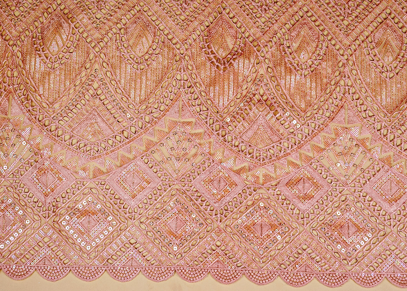 Peach Exquisite Imported Net Fabric with All-Over Cutwork and Sequins