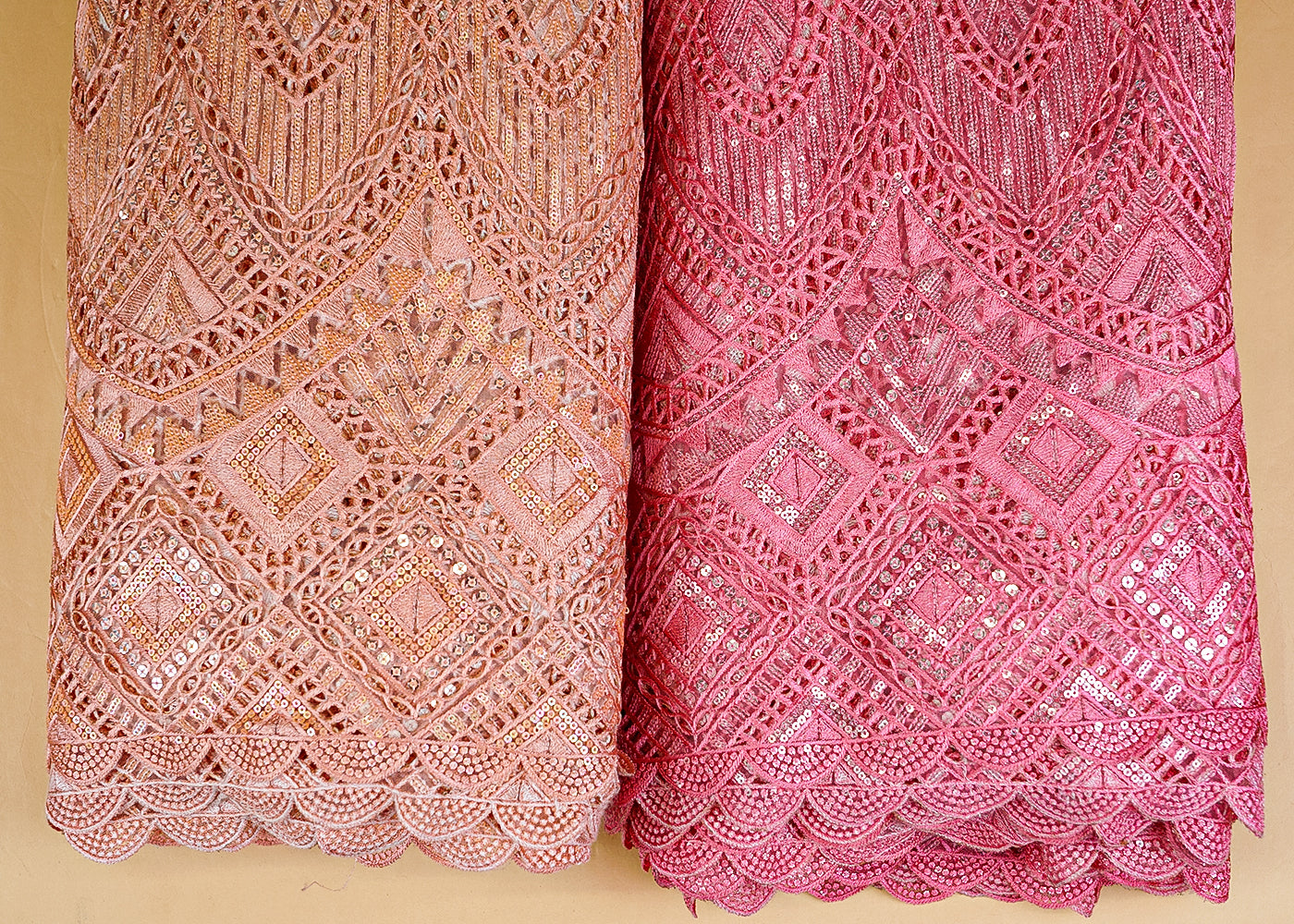 Peach Exquisite Imported Net Fabric with All-Over Cutwork and Sequins