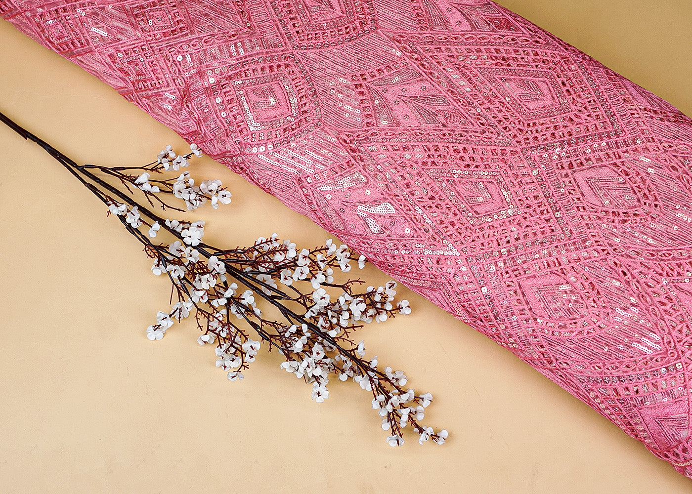 Pink Exquisite Imported Net Fabric with All-Over Cutwork and Sequins