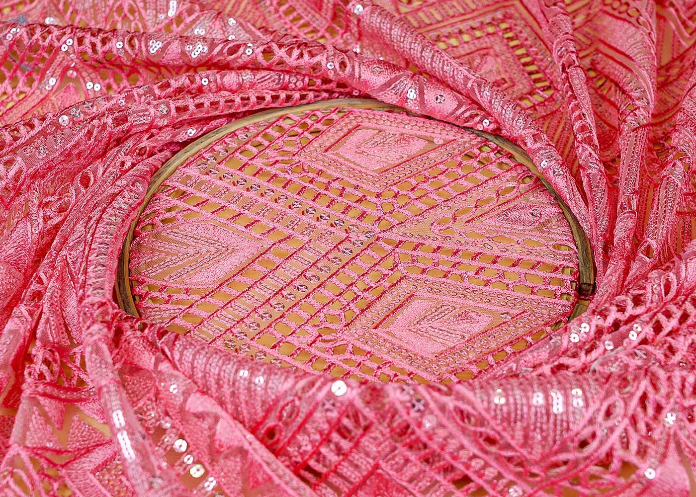 Pink Exquisite Imported Net Fabric with All-Over Cutwork and Sequins