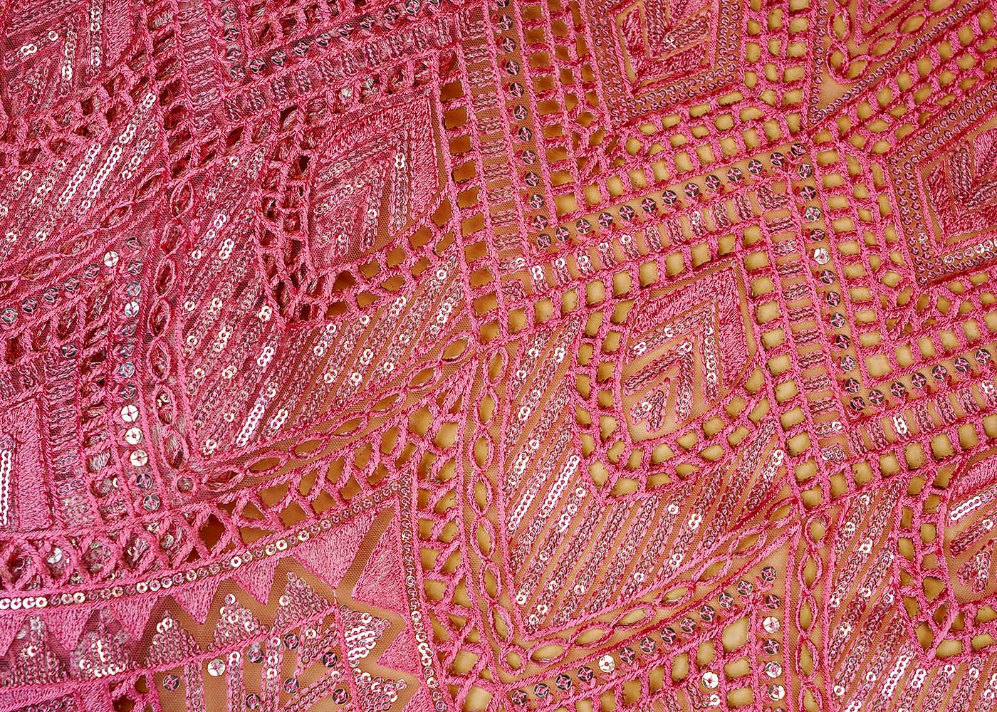 Pink Exquisite Imported Net Fabric with All-Over Cutwork and Sequins