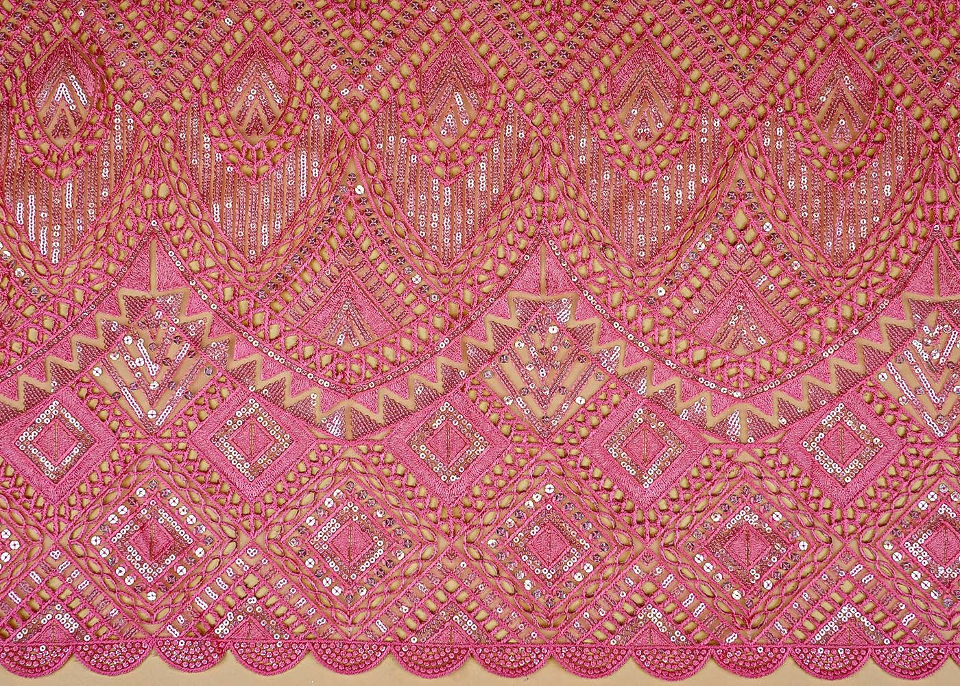 Pink Exquisite Imported Net Fabric with All-Over Cutwork and Sequins