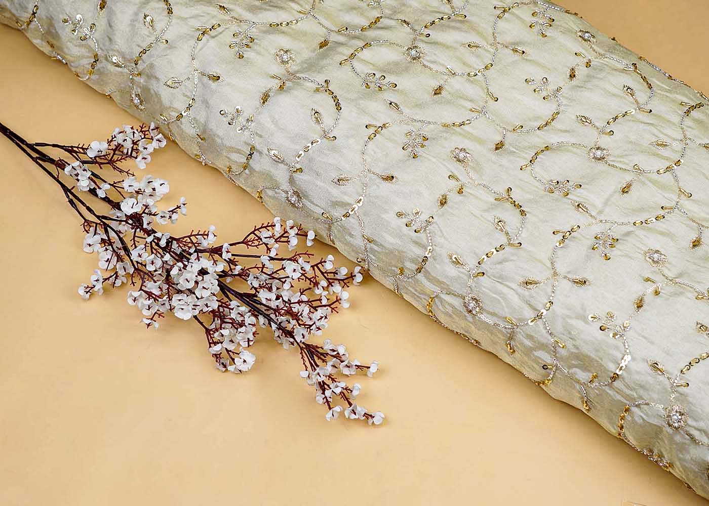 Floral Tissue Fabric with Sequins, Kutdana & Threadwork – Paras Gallery Fabrics