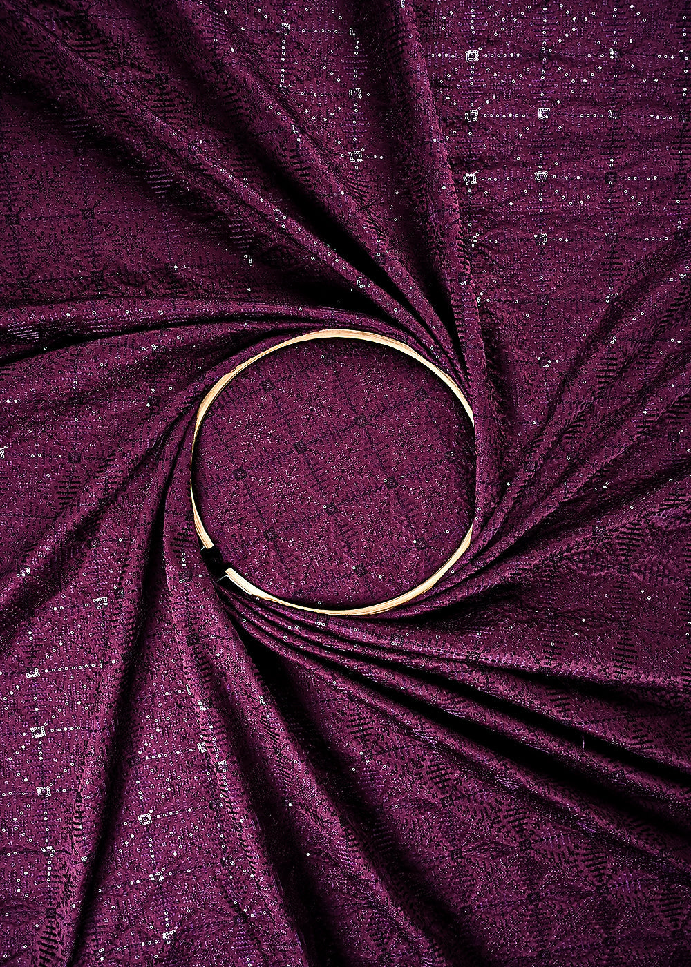 Wine Satin Fabric With All Over Thread And Sequins Work 11964
