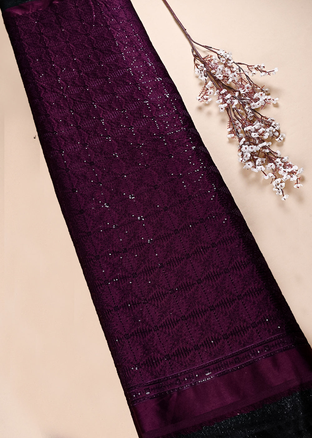 Wine Satin Fabric With All Over Thread And Sequins Work 11964