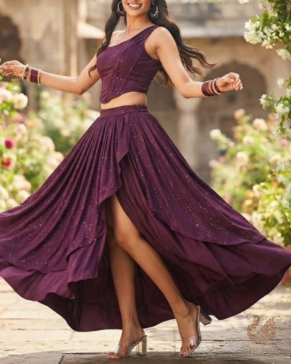 Wine Satin Fabric With All Over Thread And Sequins Work 11964
