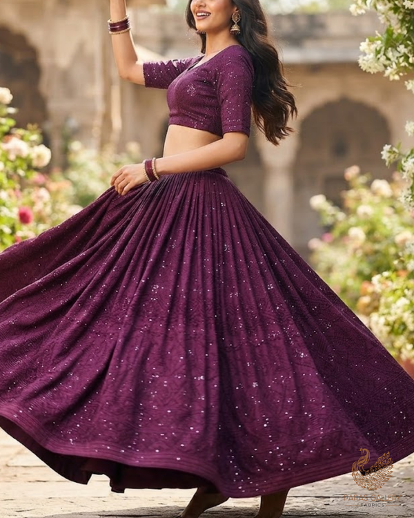 Wine Satin Fabric With All Over Thread And Sequins Work 11964