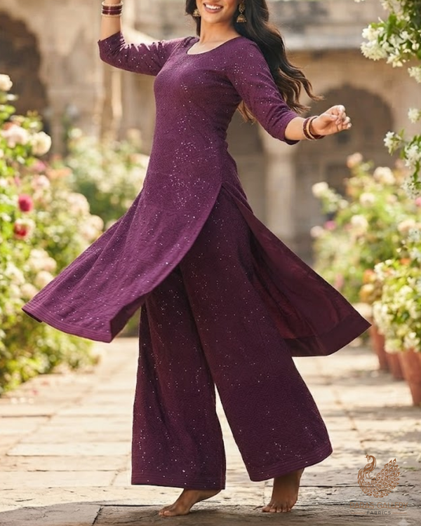 Wine Satin Fabric With All Over Thread And Sequins Work 11964