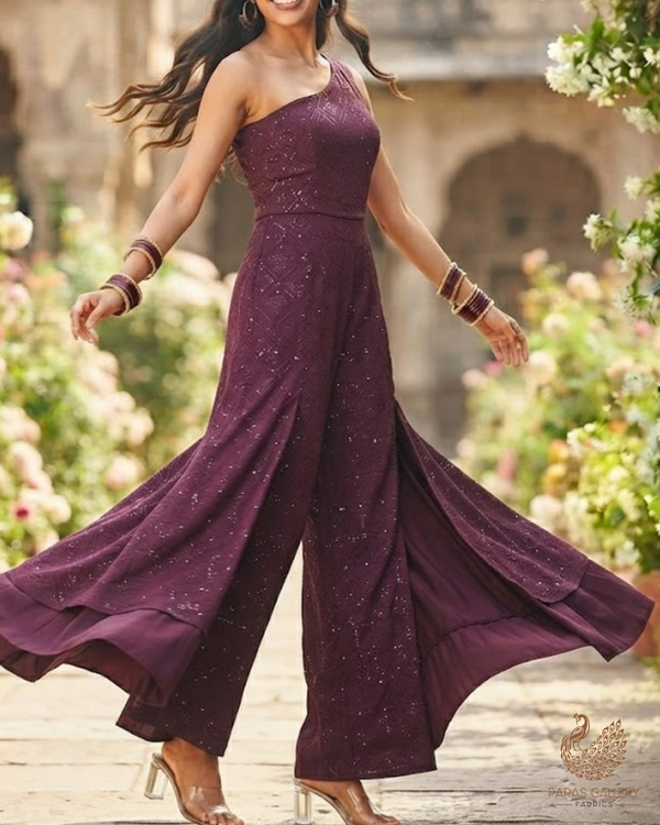 Wine Satin Fabric With All Over Thread And Sequins Work 11964