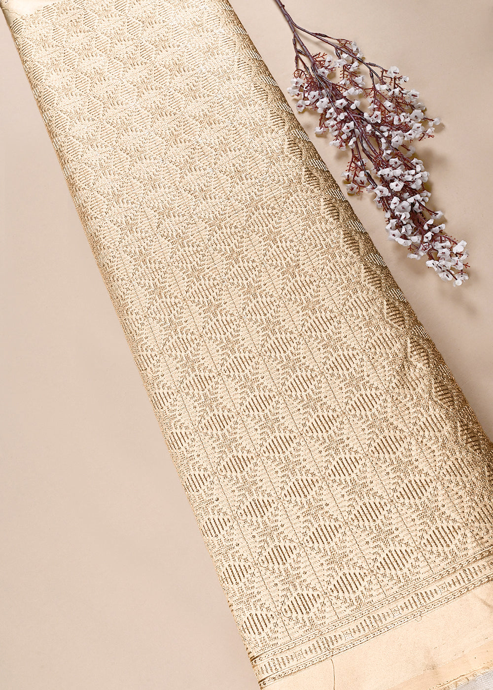Beige Satin Fabric With All Over Thread And Sequins Work 11965