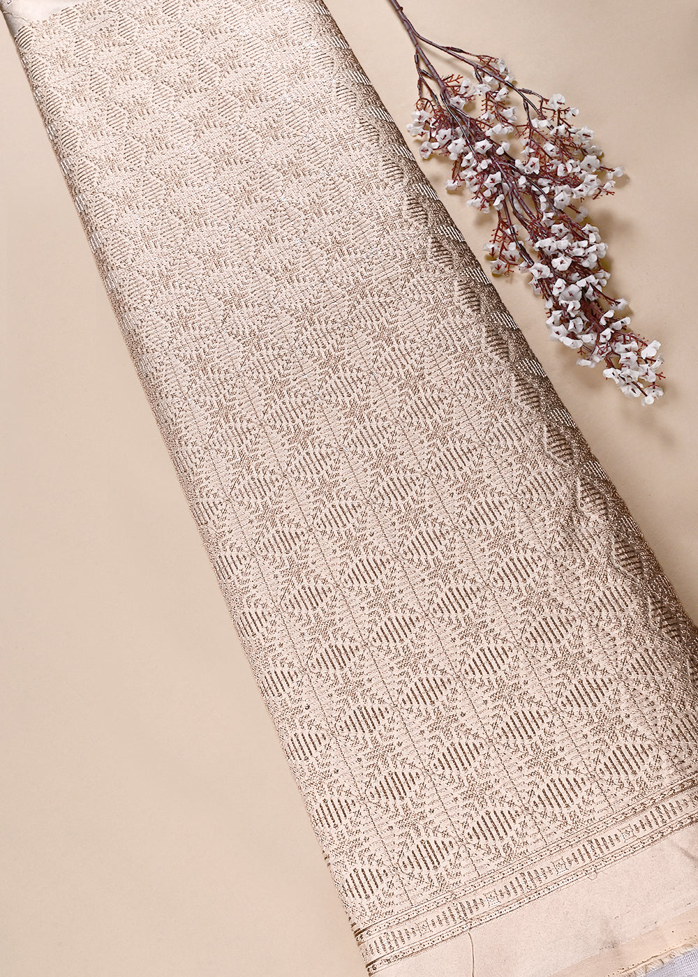 Beige Satin Fabric With All Over Thread And Sequins Work 11965