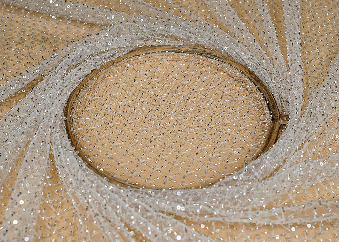 White Imported Net with Sequins and Kutdana Handwork Embellishments