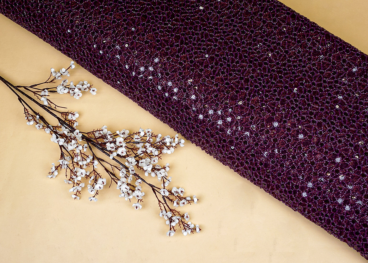 Wine Imported Net with Sequins and Beads Handwork Embellishments