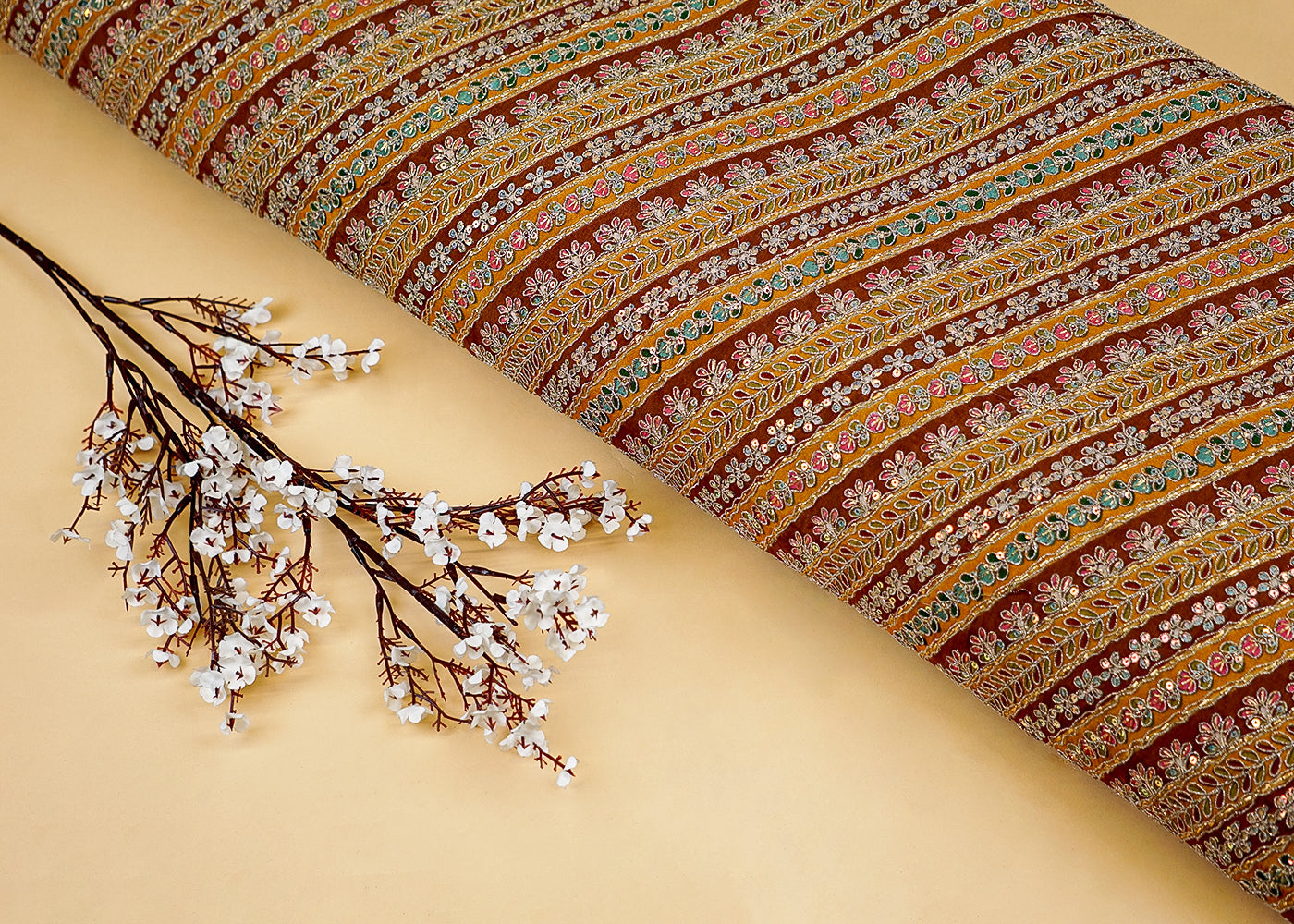 Brown-Mustard Crepe Fabric with Abstract Print & Rainbow Sequins – Paras Gallery Fabrics