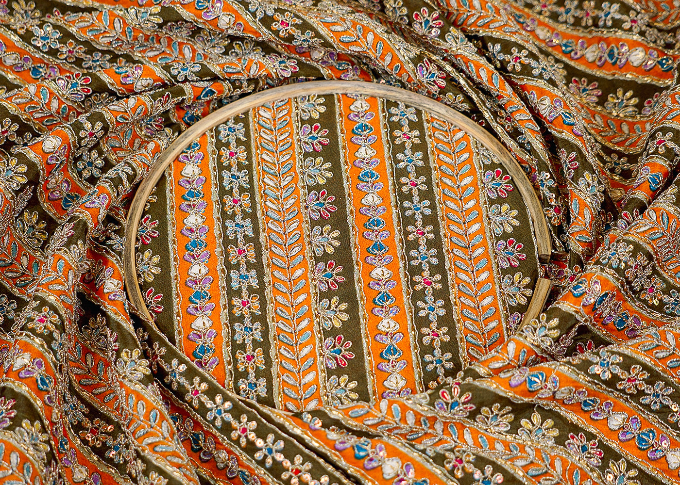 Embroidered Crepe Fabric with Zari, Sequins & Abstract Design – Paras Gallery Fabrics