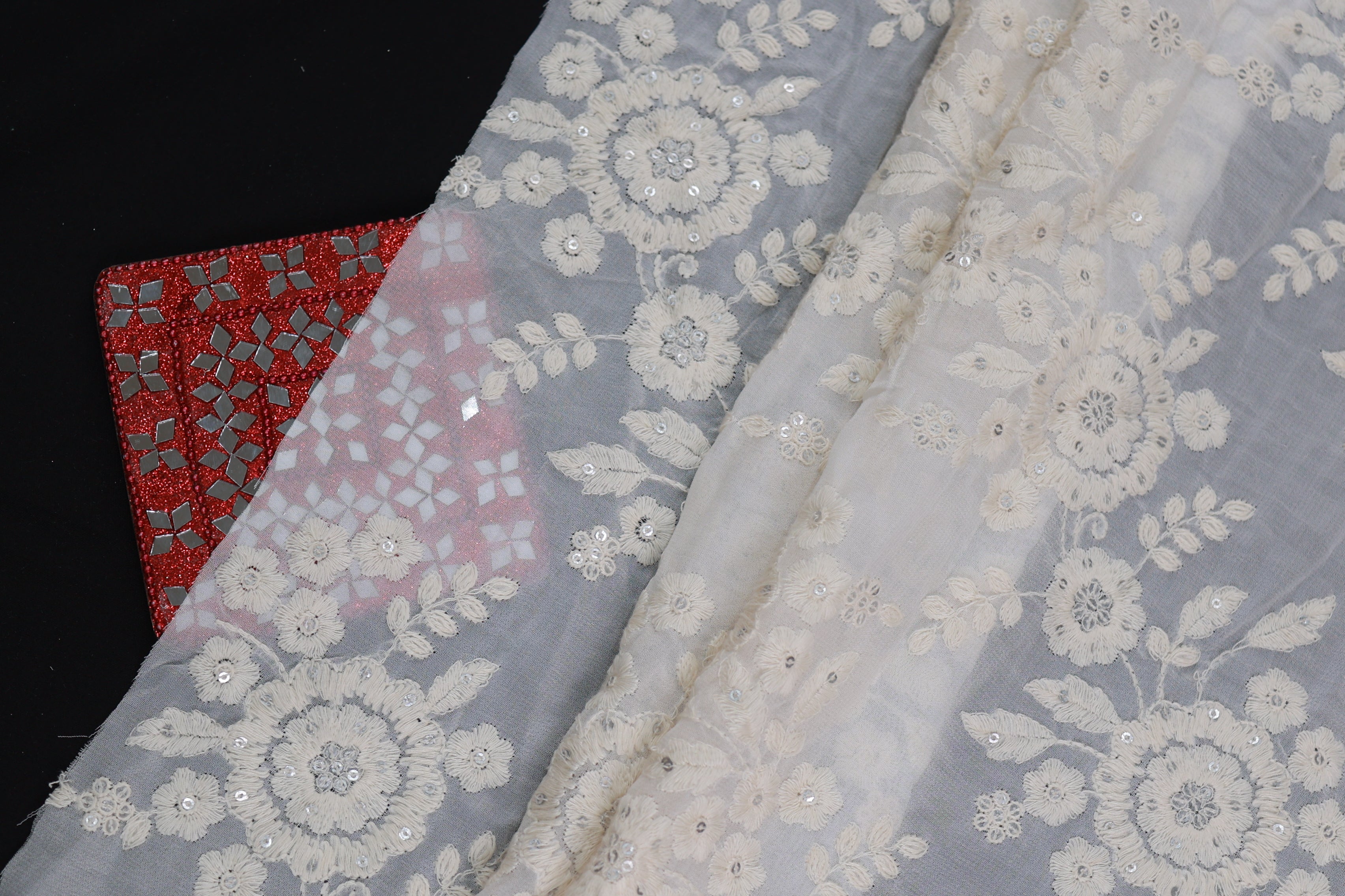 Floral Pattern White Thread With Silver Sequins Soft Embroidered Georgette Fabric