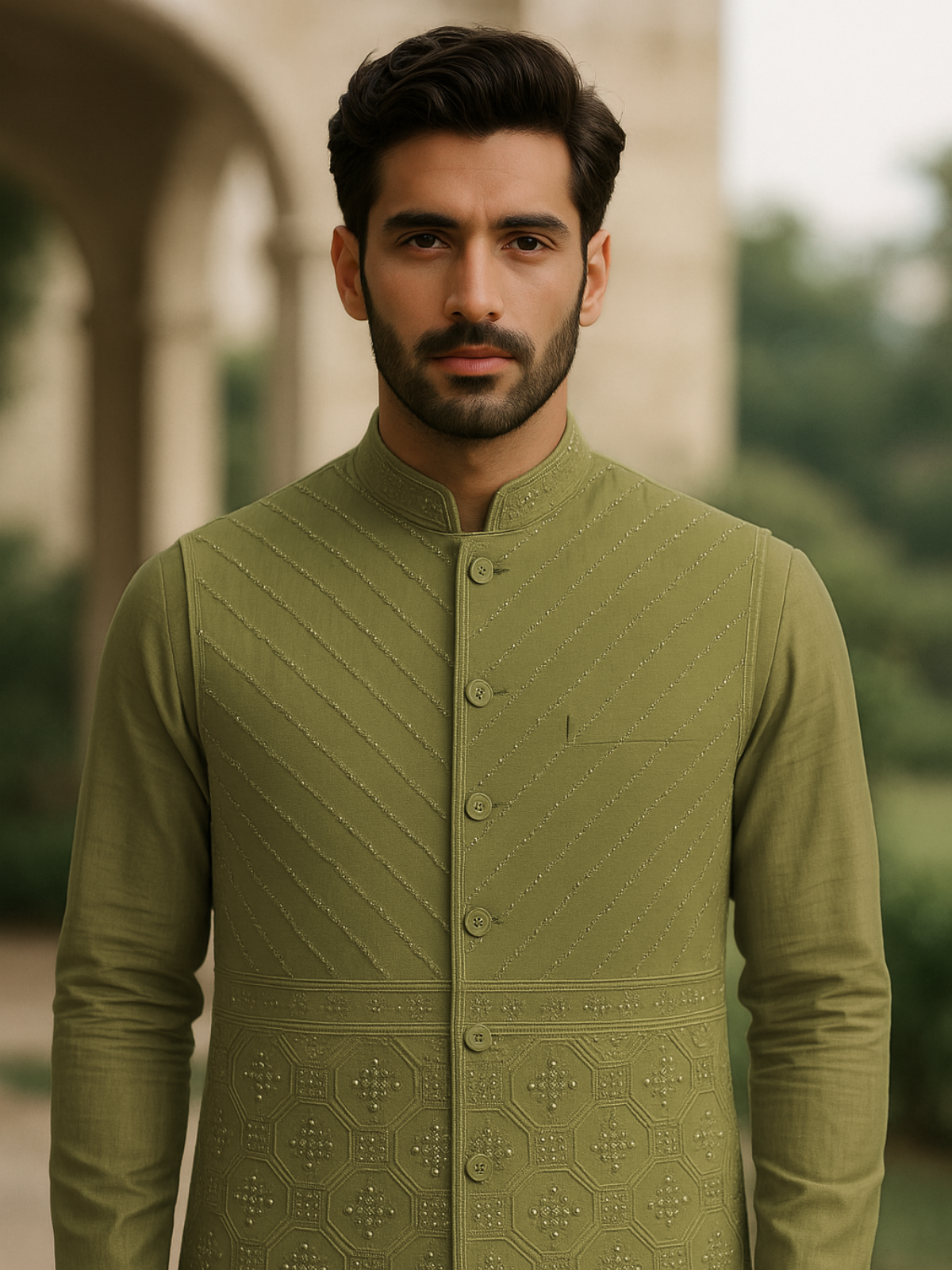 The Riwaayat – Unstitched Olive Green Nehru Jacket Fabric for Men 12116
