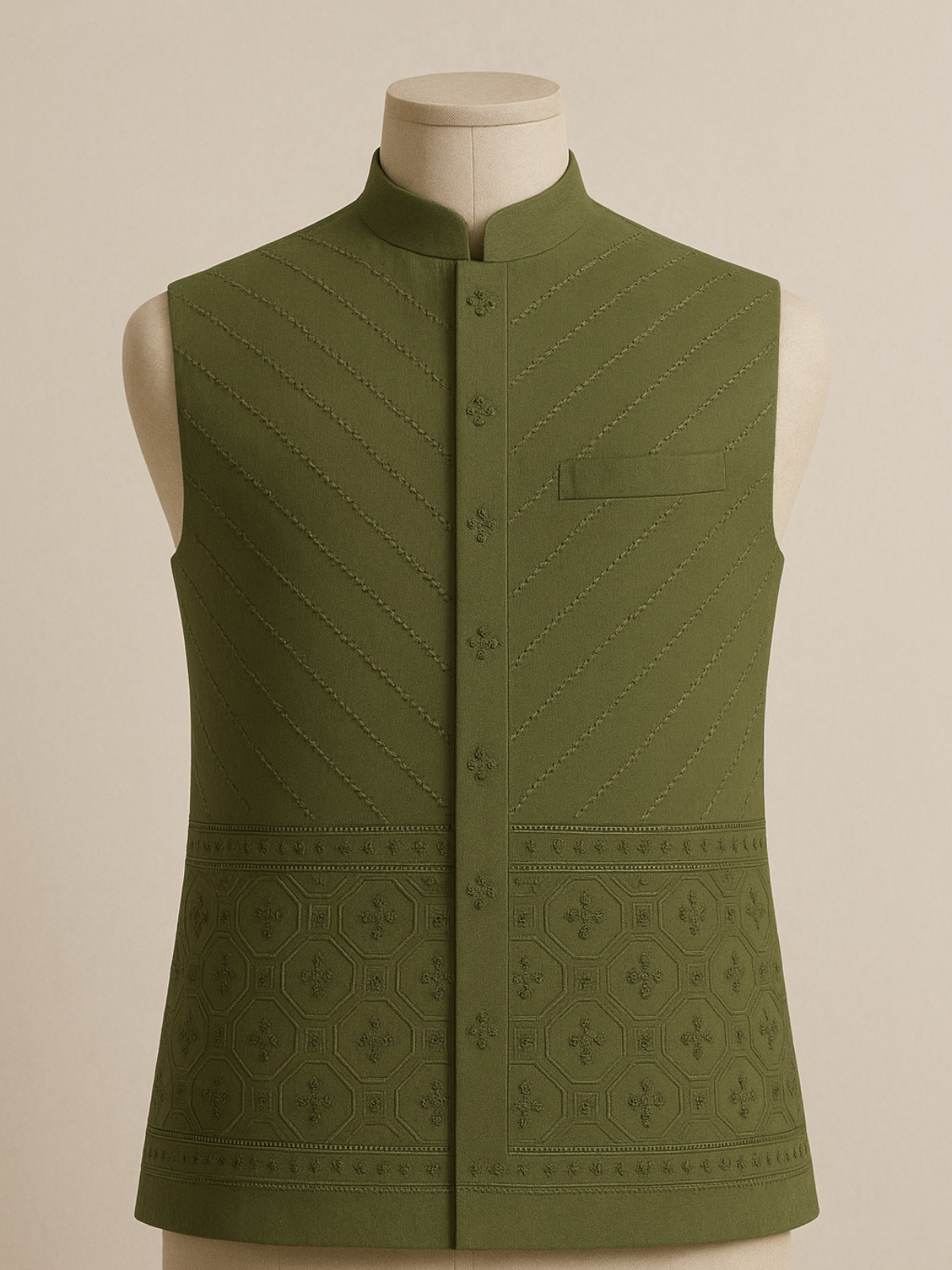 The Riwaayat – Unstitched Olive Green Nehru Jacket Fabric for Men 12116